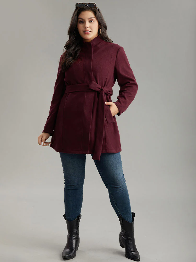 Solid Button Fly Stand Collar Belted Pocket Coat - Image 4