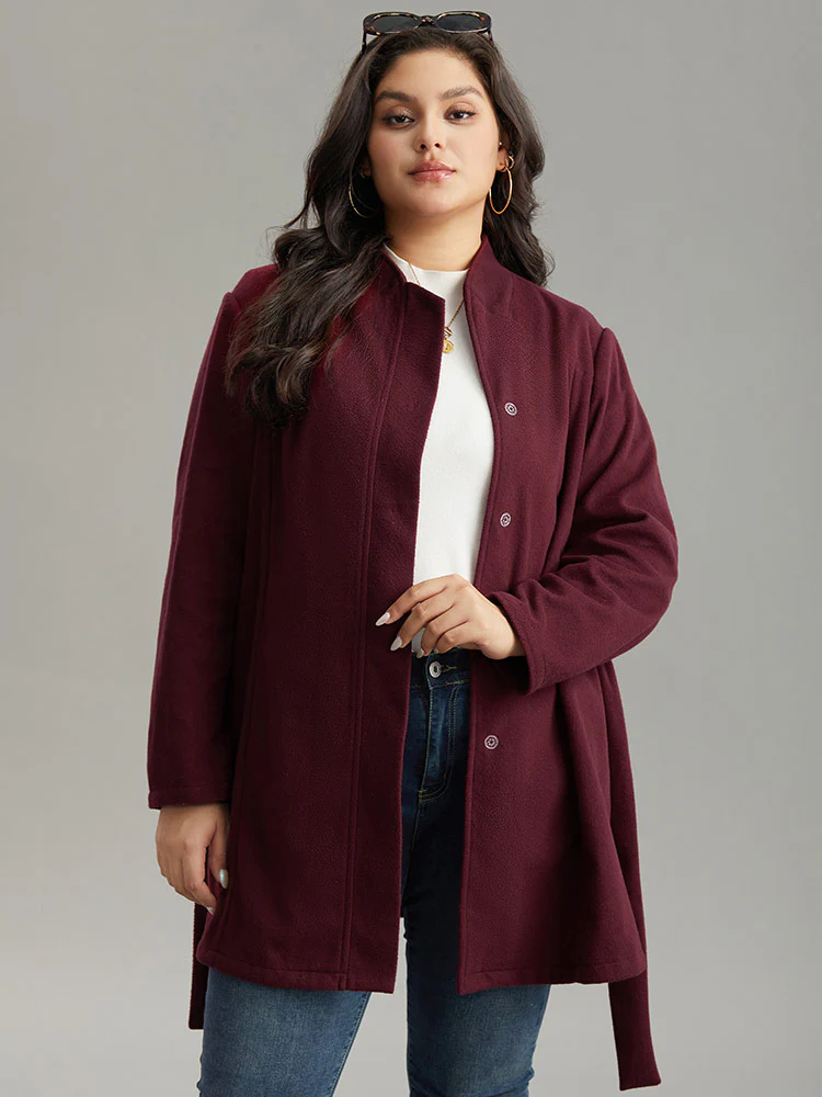 Solid Button Fly Stand Collar Belted Pocket Coat - Image 5