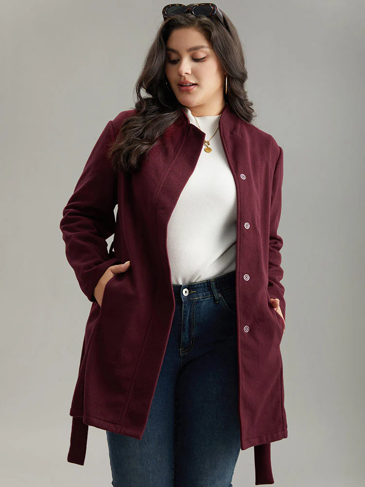 Solid Button Fly Stand Collar Belted Pocket Coat - Image 6