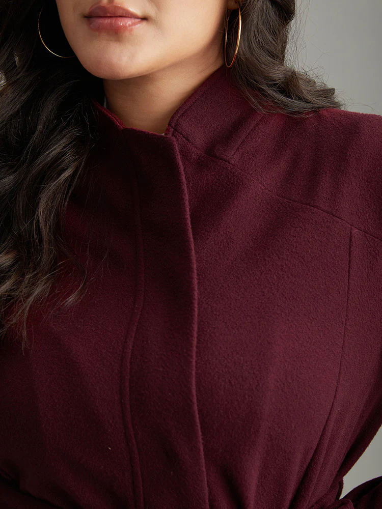 Solid Button Fly Stand Collar Belted Pocket Coat - Image 7
