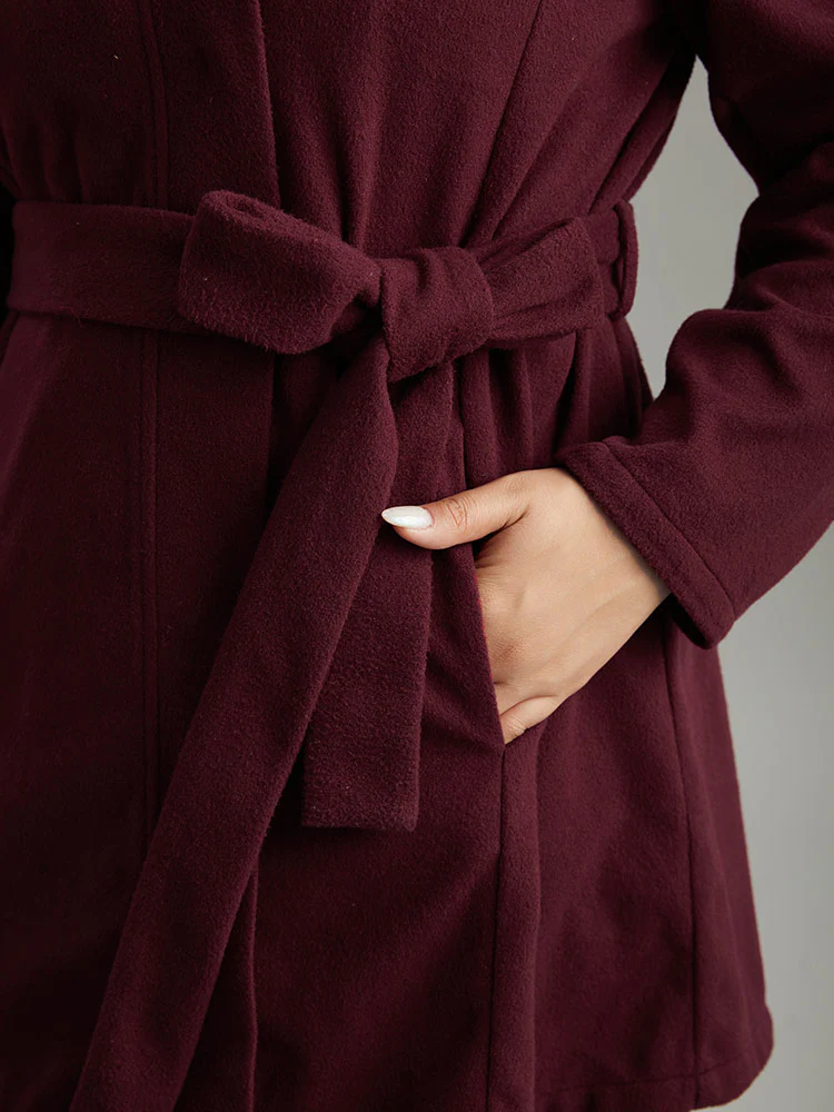 Solid Button Fly Stand Collar Belted Pocket Coat - Image 8