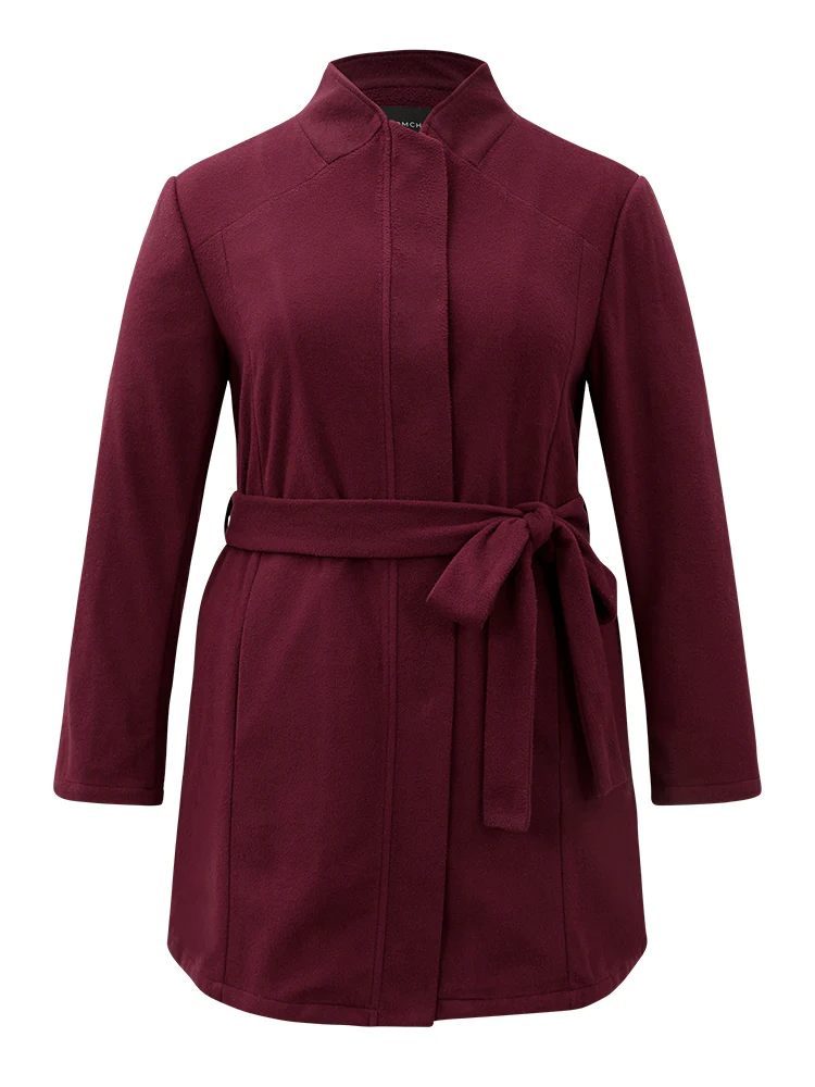 Solid Button Fly Stand Collar Belted Pocket Coat - Image 9