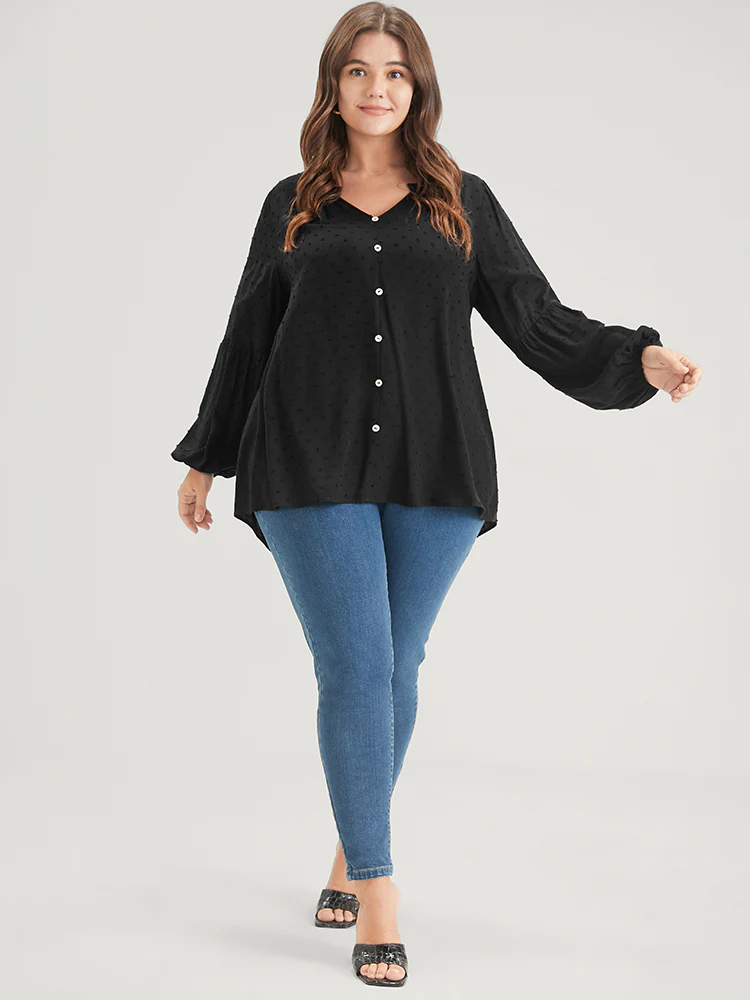 Solid  Button Lantern Sleeve Polka Dot Blouse - Image 2
