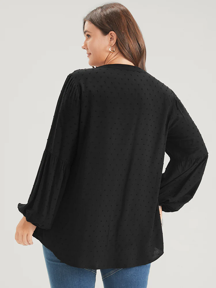 Solid  Button Lantern Sleeve Polka Dot Blouse - Image 3