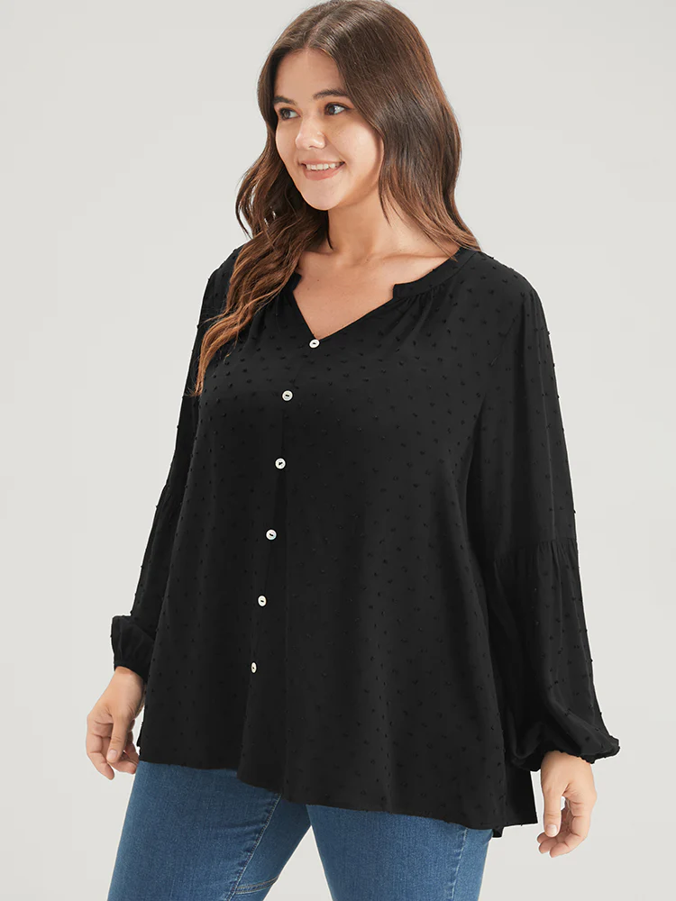 Solid  Button Lantern Sleeve Polka Dot Blouse - Image 4