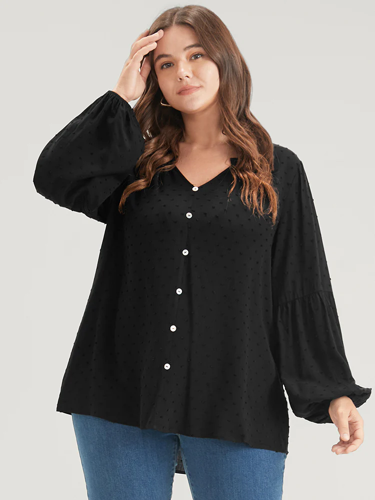 Solid  Button Lantern Sleeve Polka Dot Blouse - Image 5