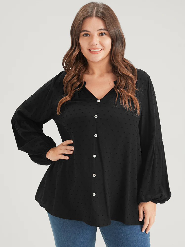 Solid  Button Lantern Sleeve Polka Dot Blouse - Image 6