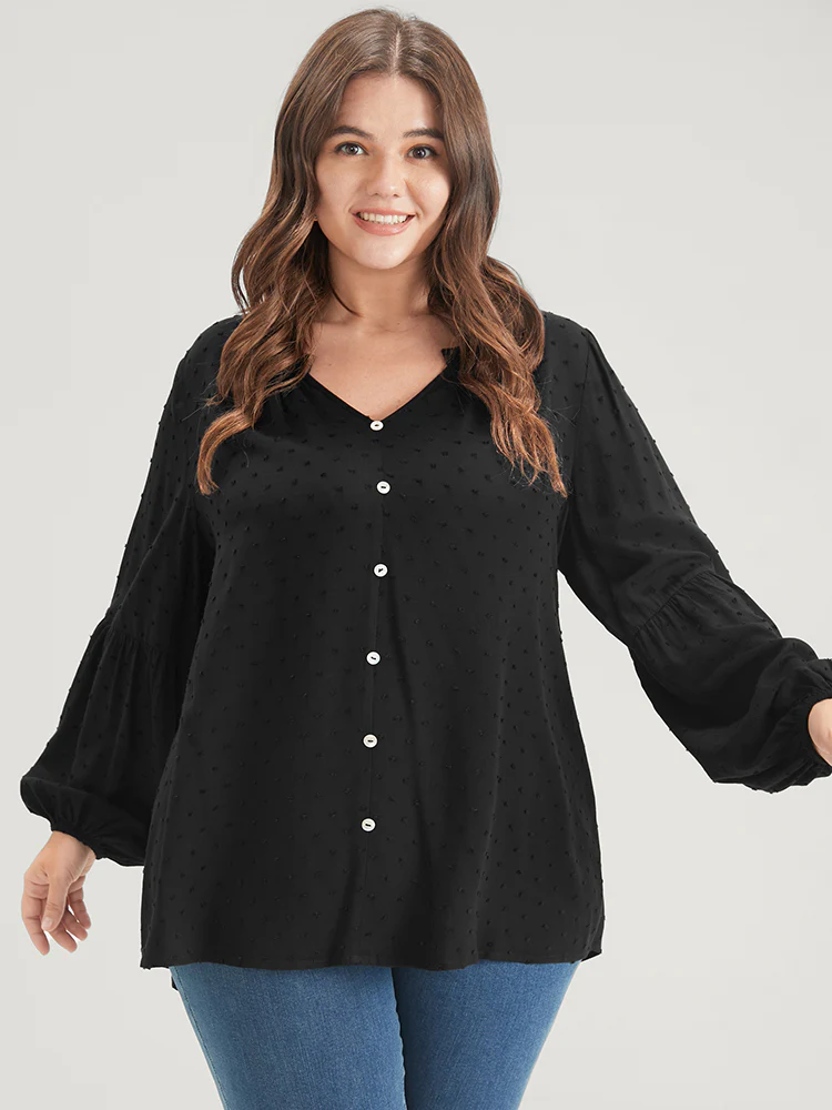 Solid  Button Lantern Sleeve Polka Dot Blouse - Image 7