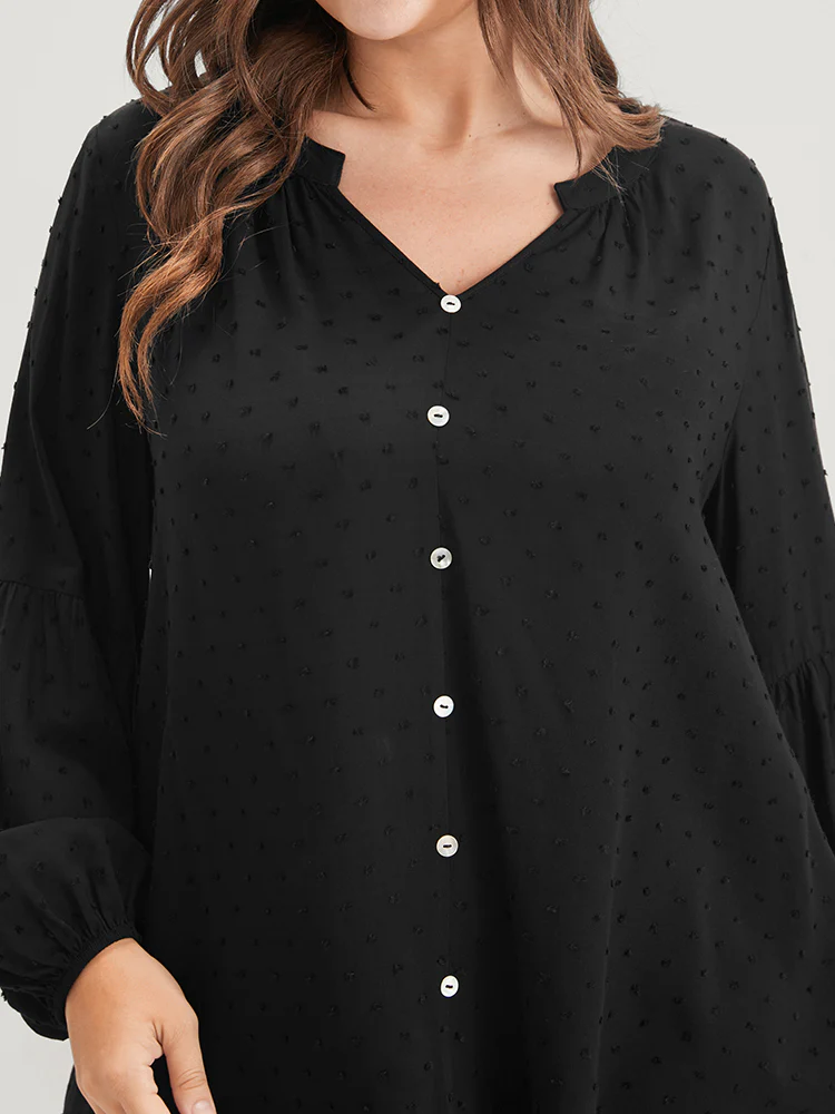 Solid  Button Lantern Sleeve Polka Dot Blouse - Image 8