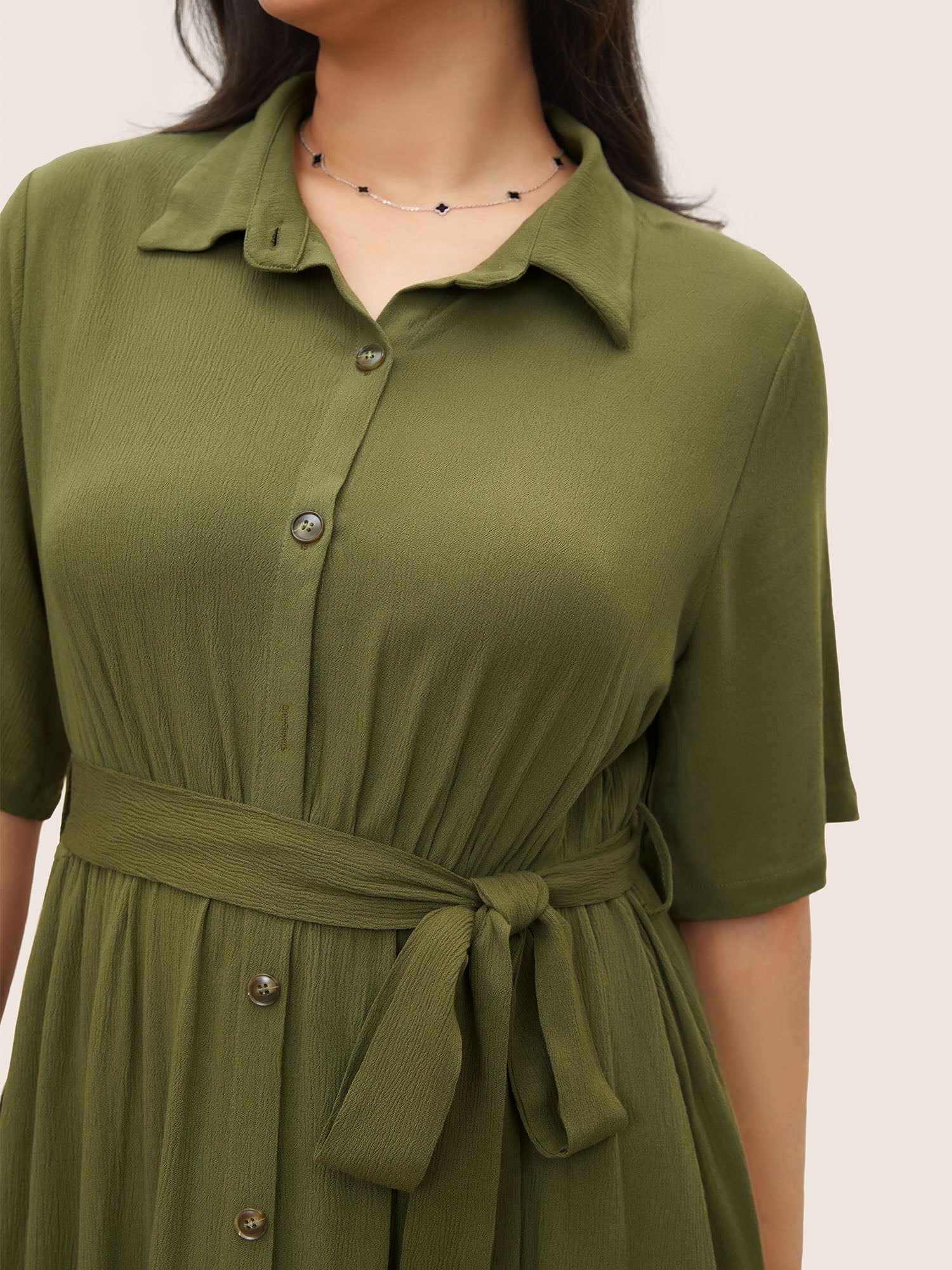 Solid Button Pocket Shirt Collar Belted Maxi Dress - Image 3