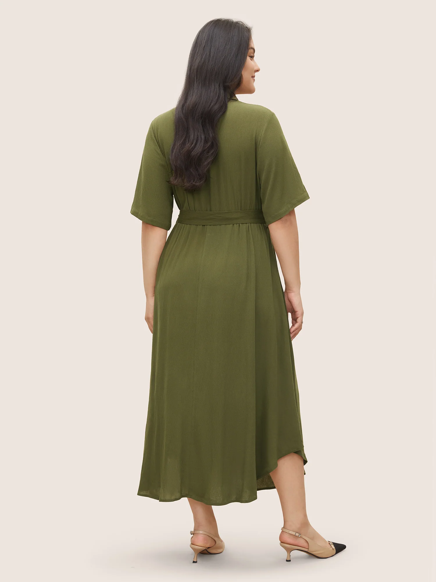 Solid Button Pocket Shirt Collar Belted Maxi Dress - Image 4