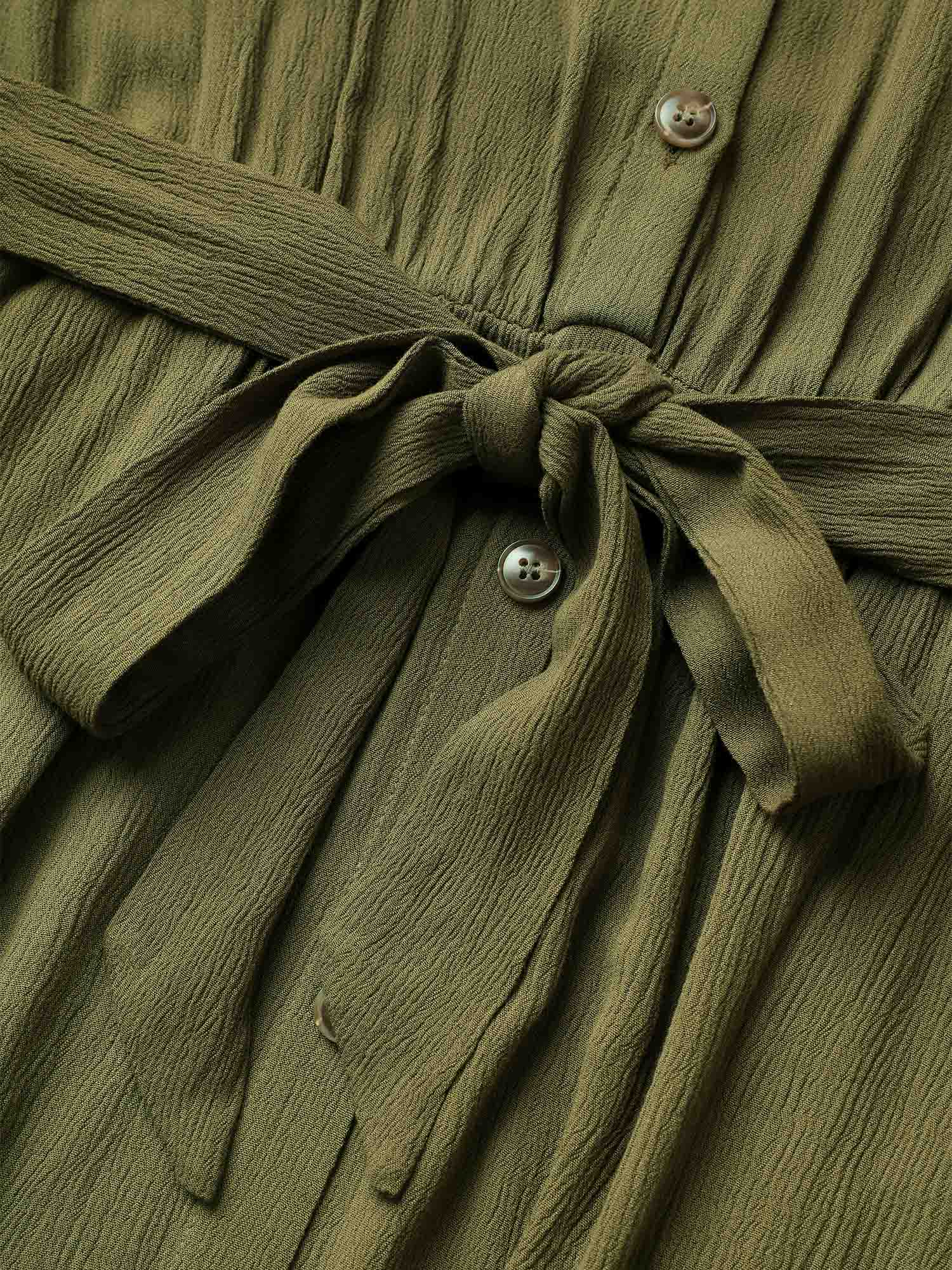 Solid Button Pocket Shirt Collar Belted Maxi Dress - Image 6