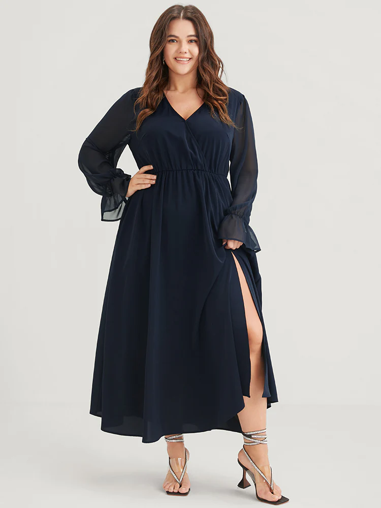 Solid Button Split Pocket Wrap Lantern Sleeve Ruffles Hem Dress - Image 2
