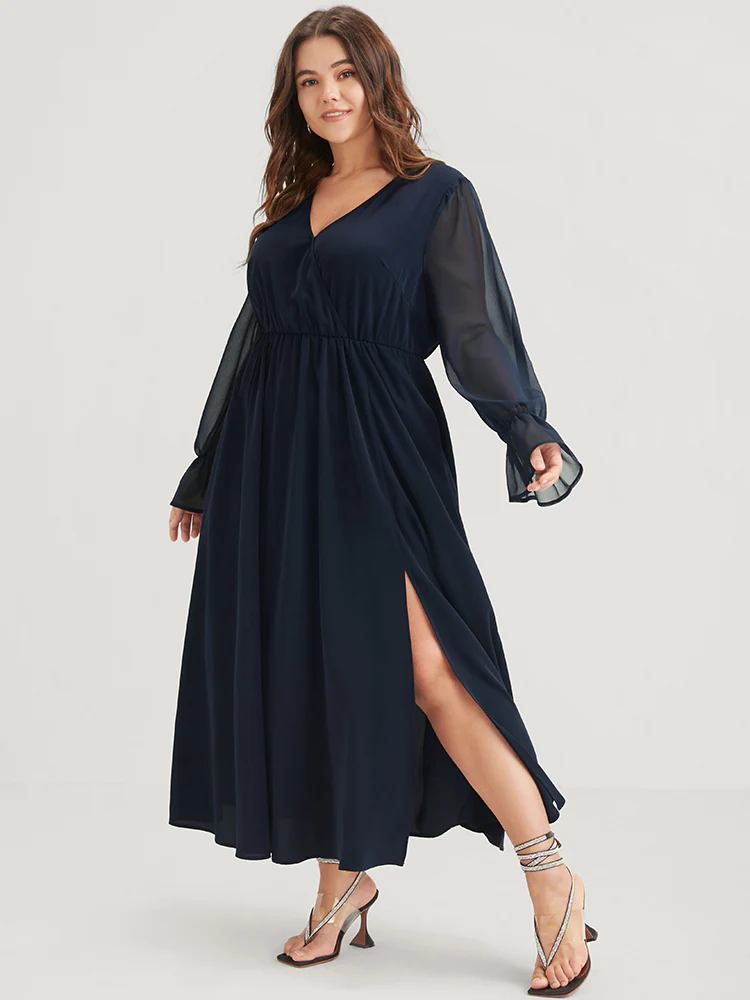 Solid Button Split Pocket Wrap Lantern Sleeve Ruffles Hem Dress - Image 3