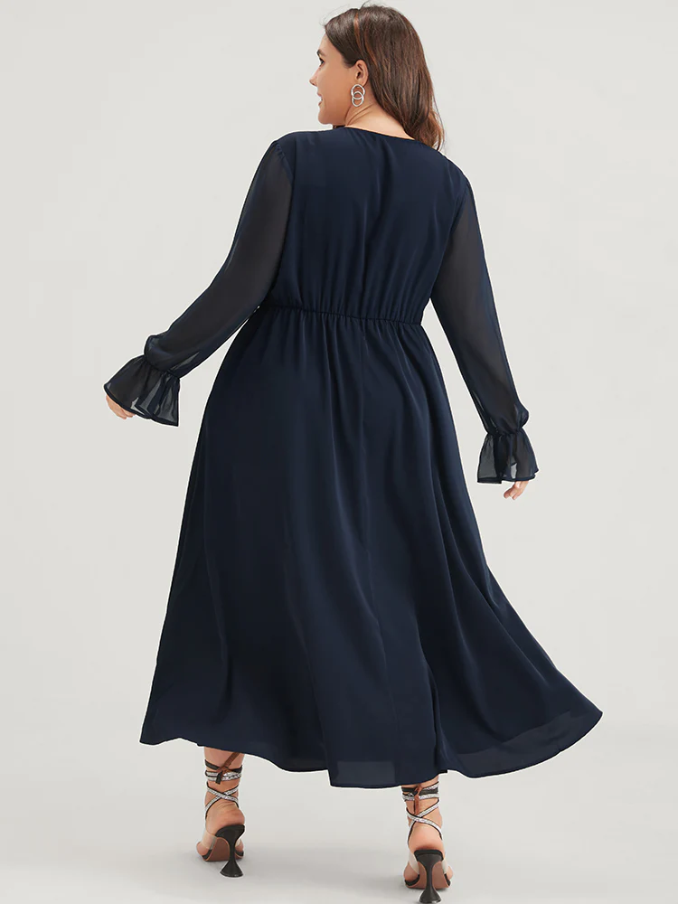 Solid Button Split Pocket Wrap Lantern Sleeve Ruffles Hem Dress - Image 4