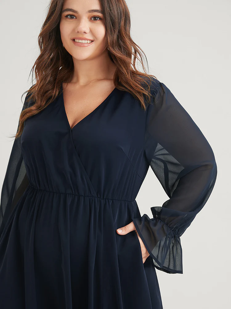 Solid Button Split Pocket Wrap Lantern Sleeve Ruffles Hem Dress - Image 5