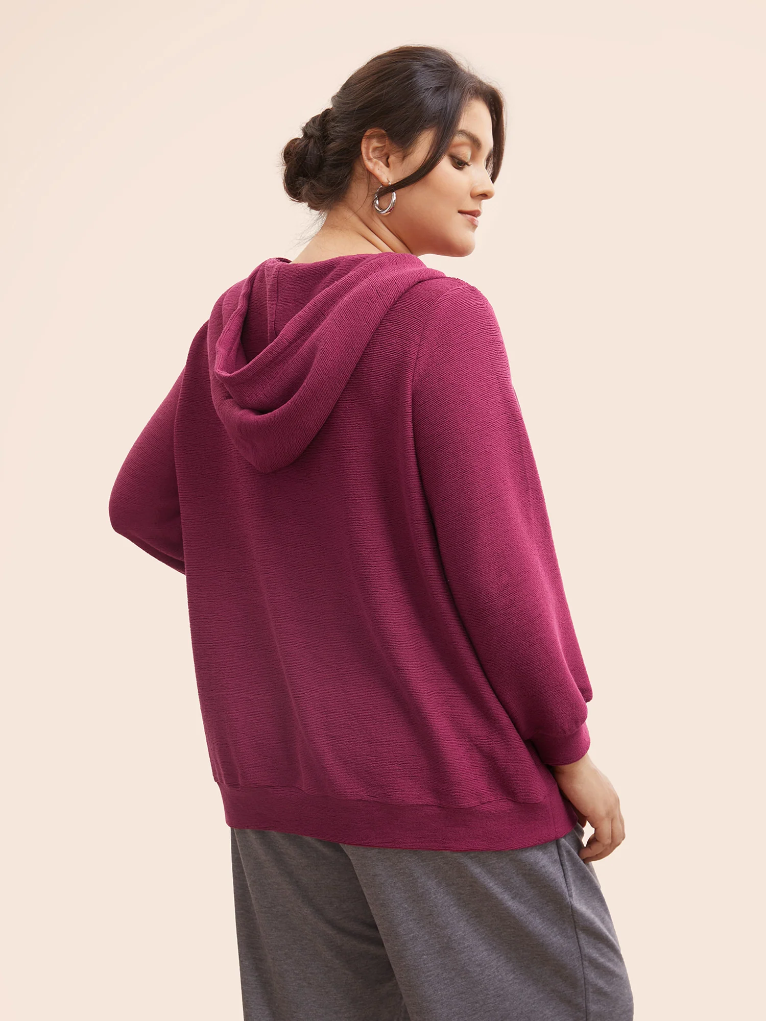 Solid Button Up Hooded Drawstring Sweatshirt - Image 2