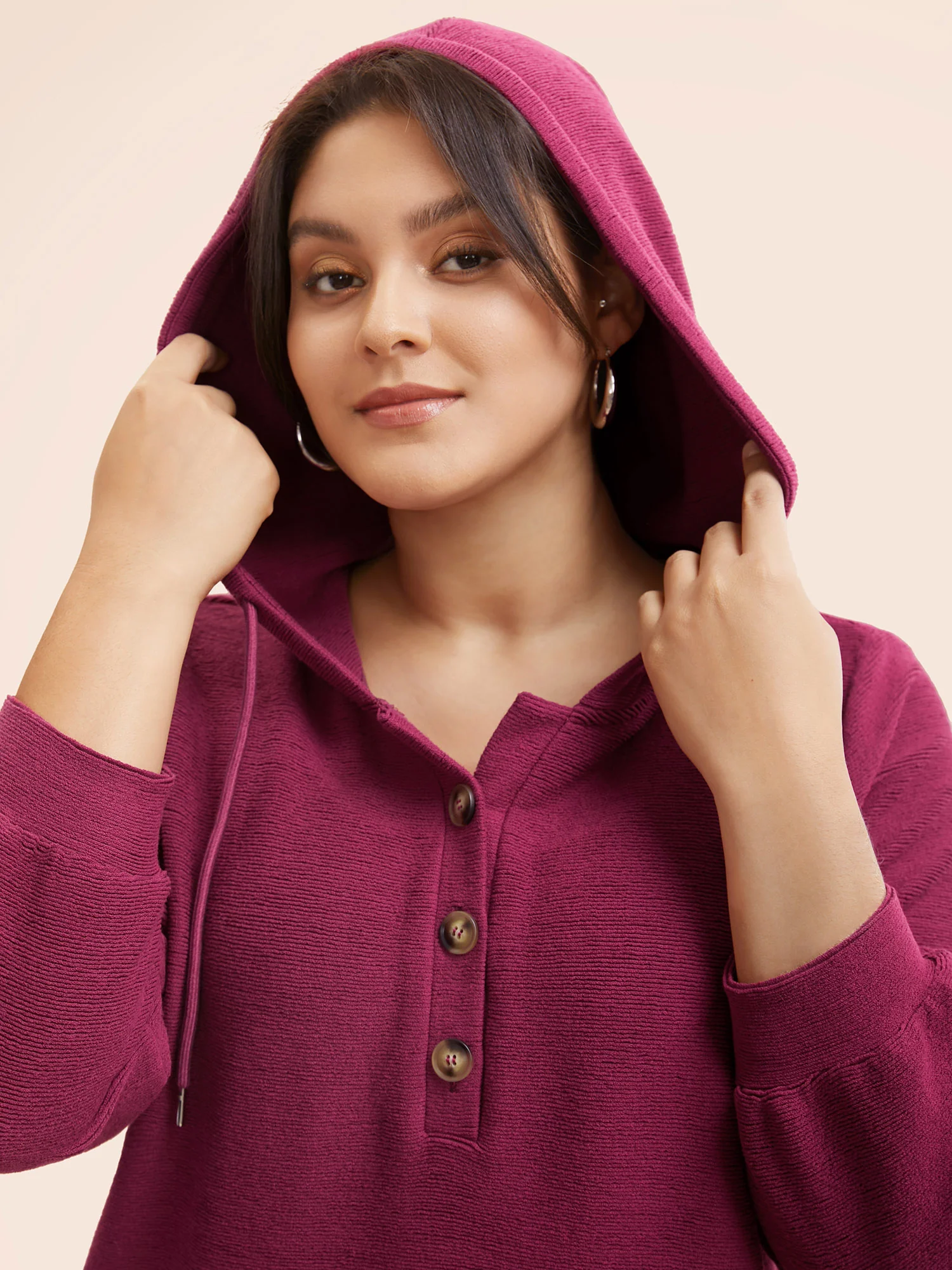 Solid Button Up Hooded Drawstring Sweatshirt - Image 4
