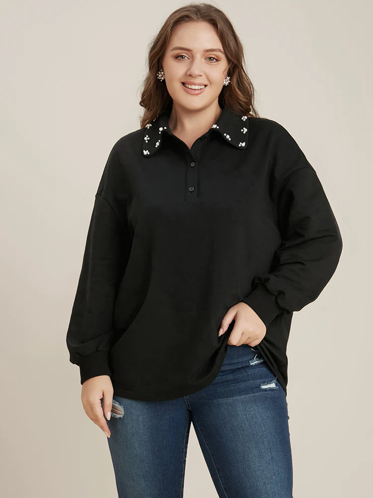 Solid Button Up Pearl Beaded Polo Neck Sweatshirt - Image 2