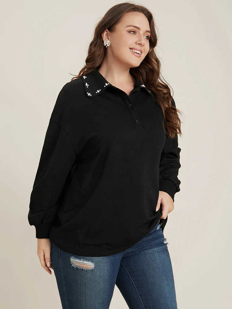Solid Button Up Pearl Beaded Polo Neck Sweatshirt - Image 3