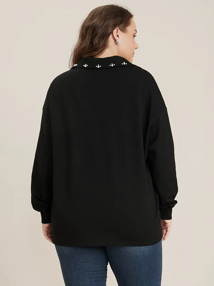 Solid Button Up Pearl Beaded Polo Neck Sweatshirt - Image 4