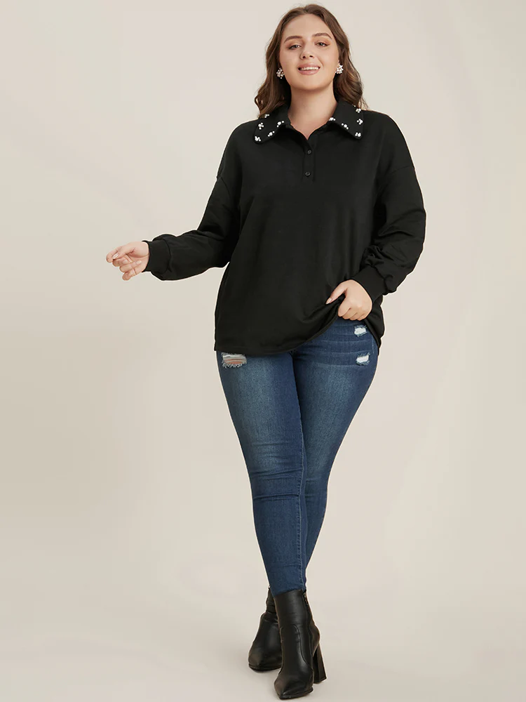 Solid Button Up Pearl Beaded Polo Neck Sweatshirt - Image 5