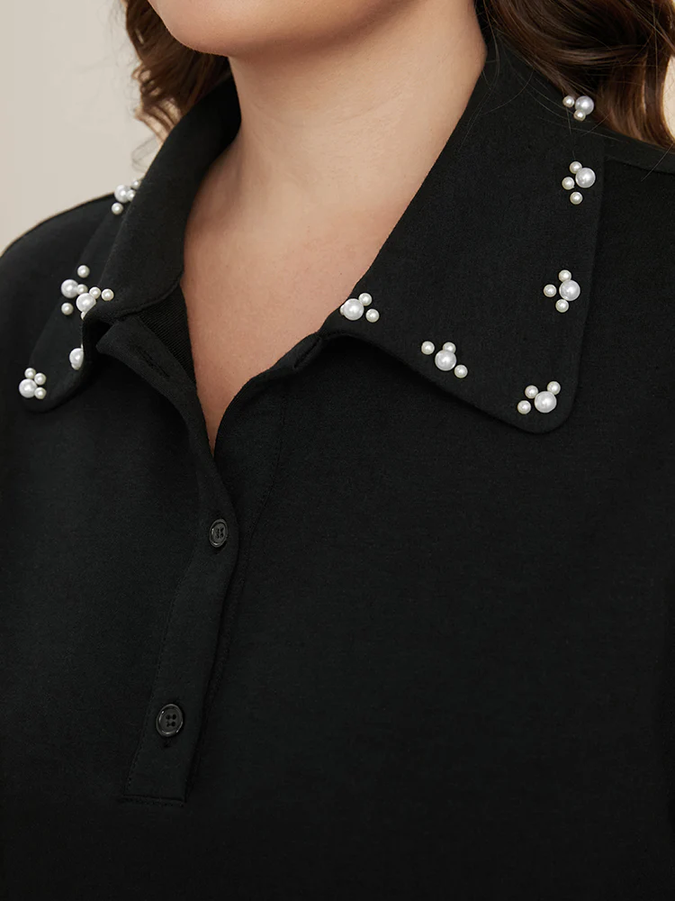 Solid Button Up Pearl Beaded Polo Neck Sweatshirt - Image 6