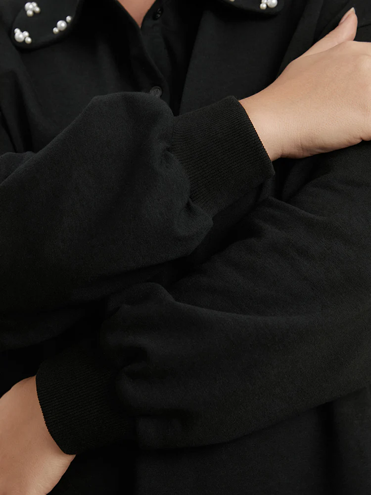 Solid Button Up Pearl Beaded Polo Neck Sweatshirt - Image 7