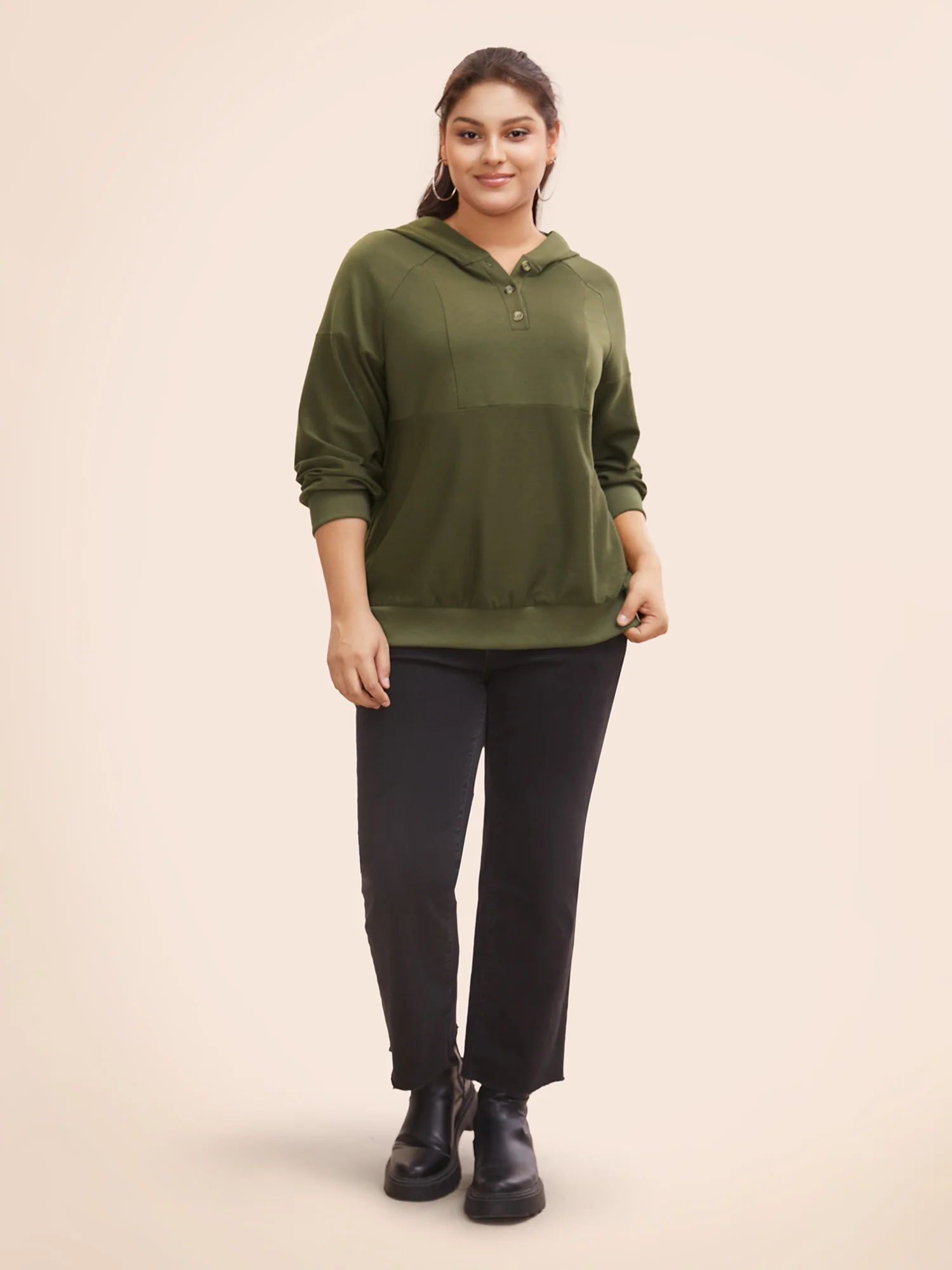 Solid Button Up Raglan Sleeve Hooded Sweatshirt - Image 3