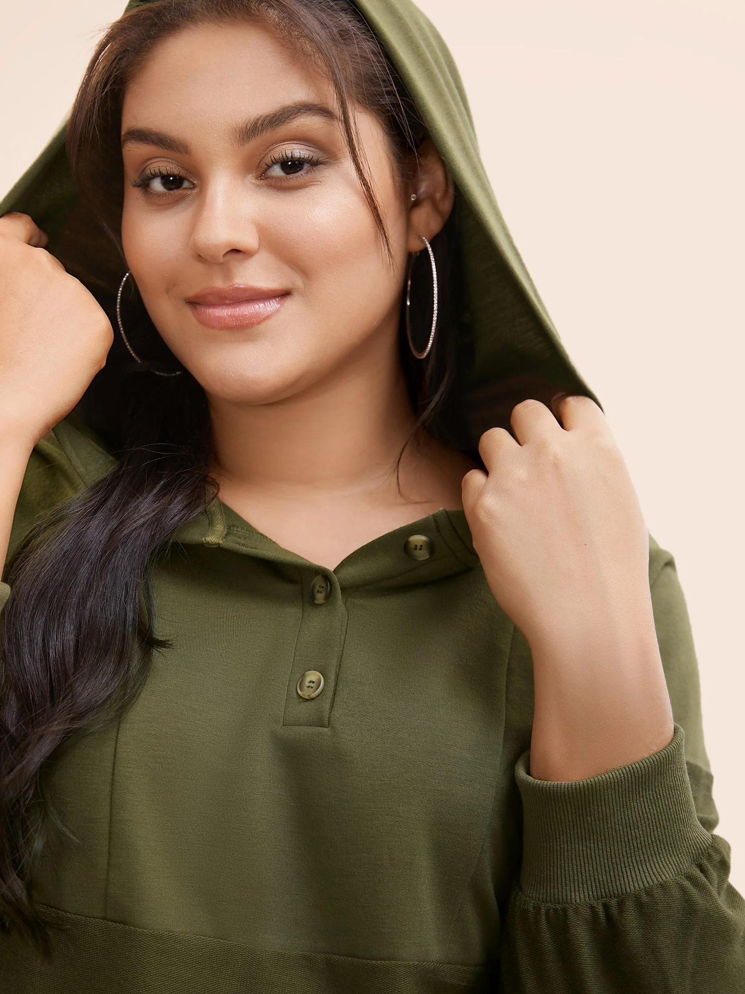 Solid Button Up Raglan Sleeve Hooded Sweatshirt - Image 4