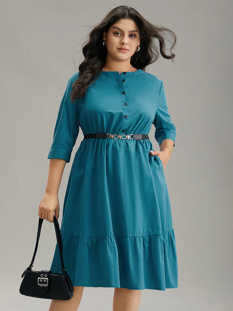Solid Button Up Ruffles Pocket Gathered Dress - Image 2
