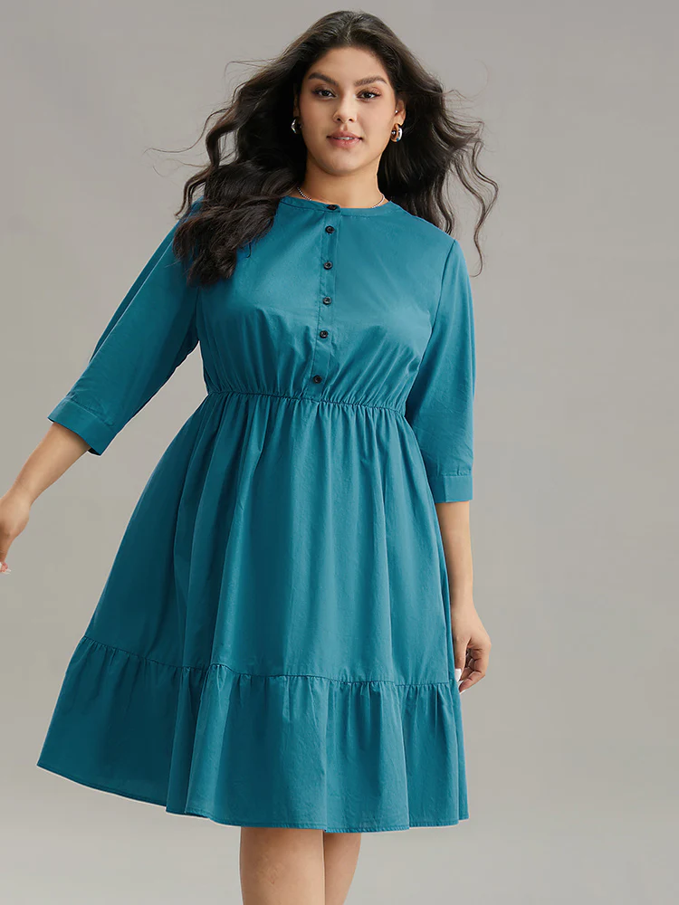 Solid Button Up Ruffles Pocket Gathered Dress - Image 3