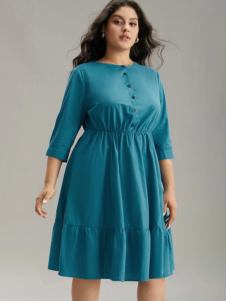 Solid Button Up Ruffles Pocket Gathered Dress - Image 4