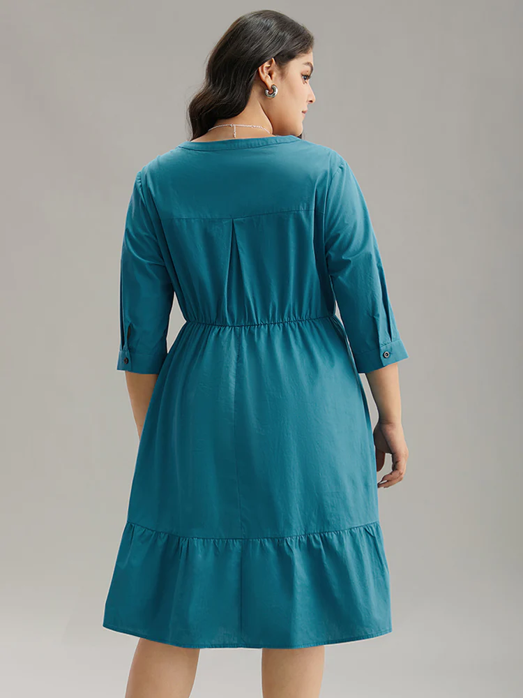 Solid Button Up Ruffles Pocket Gathered Dress - Image 5