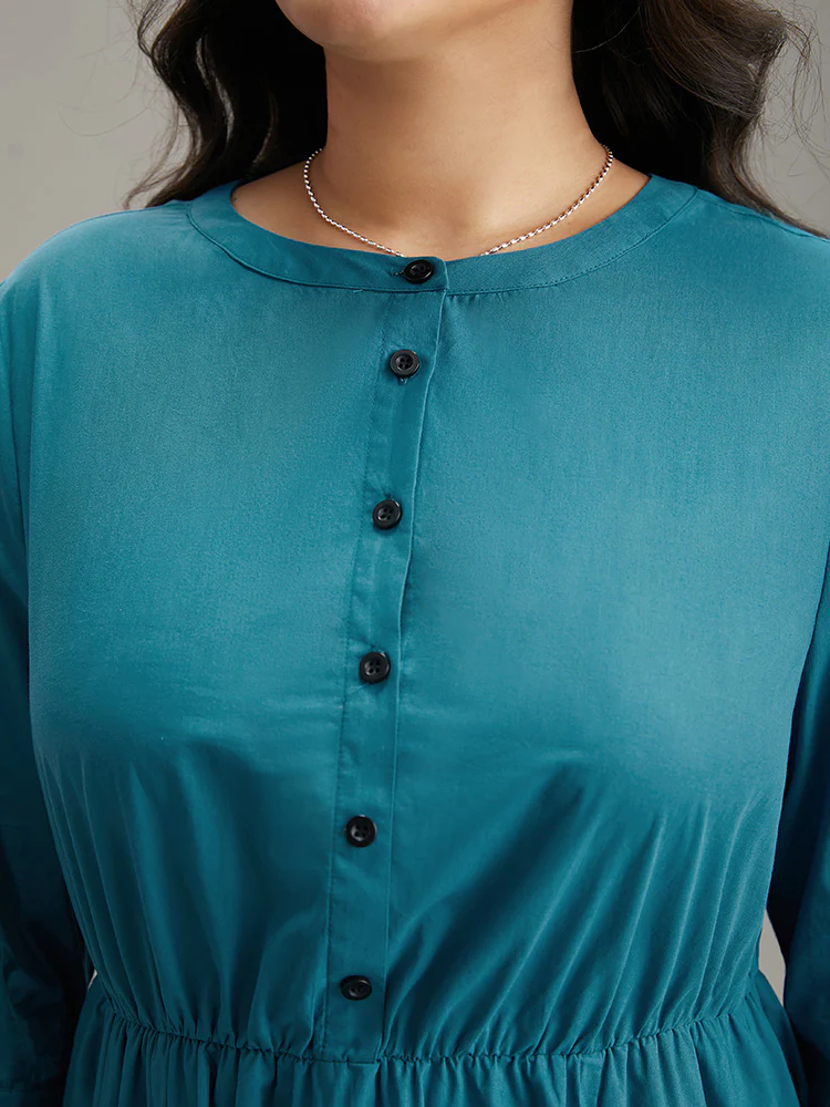 Solid Button Up Ruffles Pocket Gathered Dress - Image 6