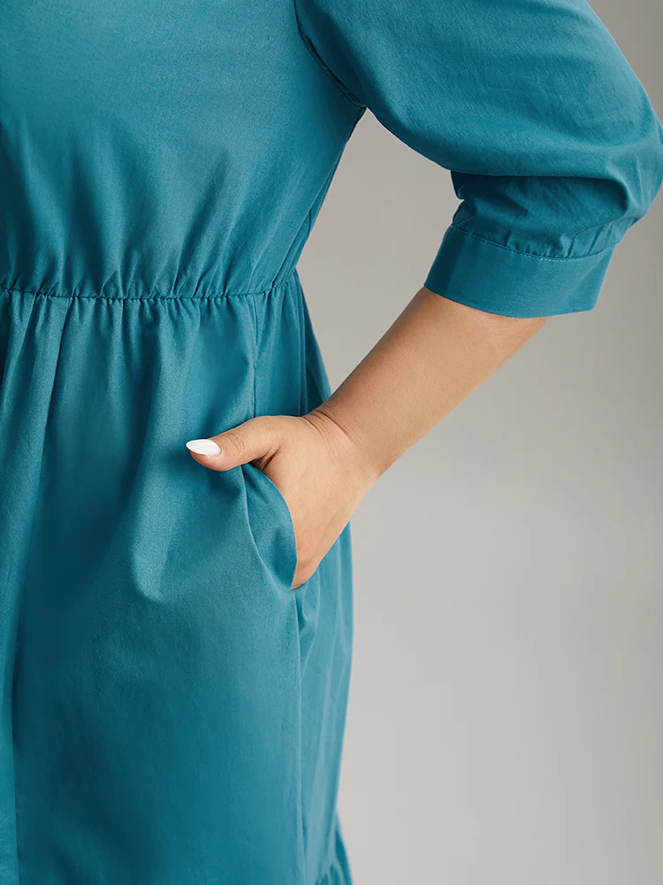 Solid Button Up Ruffles Pocket Gathered Dress - Image 7
