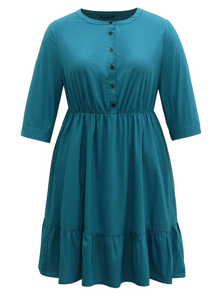 Solid Button Up Ruffles Pocket Gathered Dress - Image 8