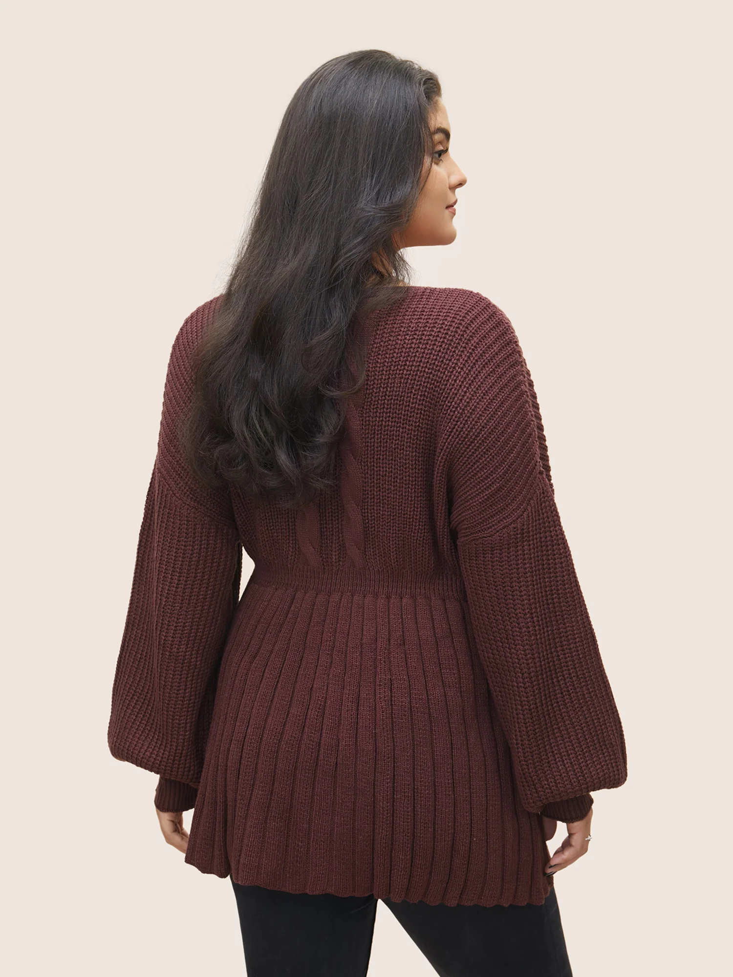 Solid Cable Knit Elastic Waist Pullover - Image 2