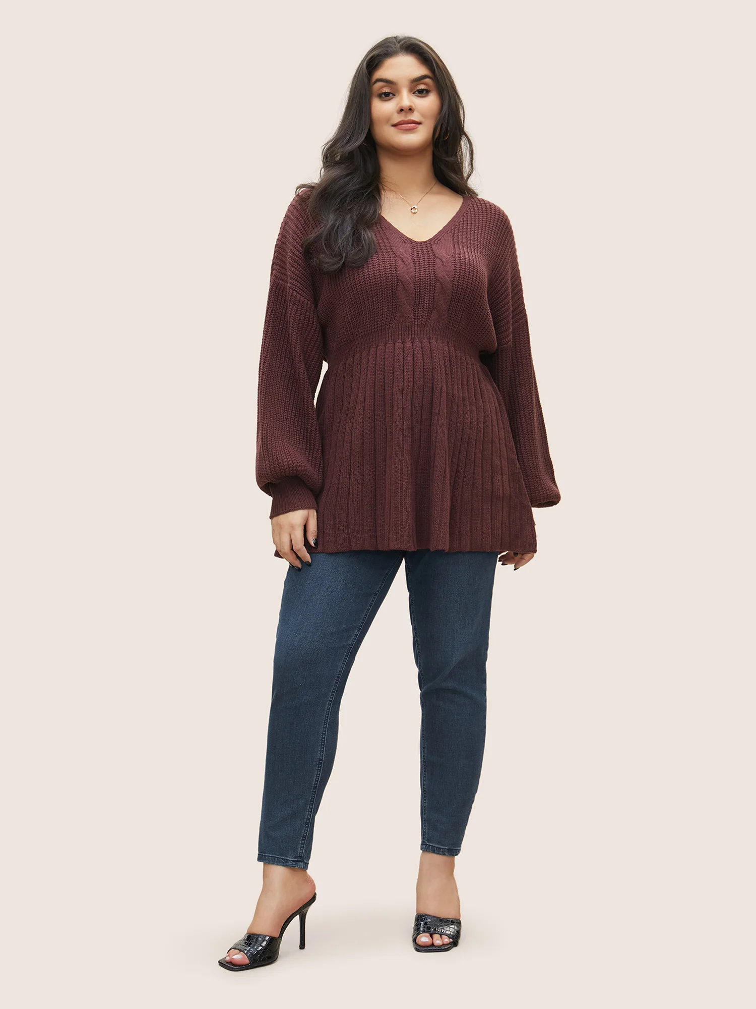 Solid Cable Knit Elastic Waist Pullover - Image 3