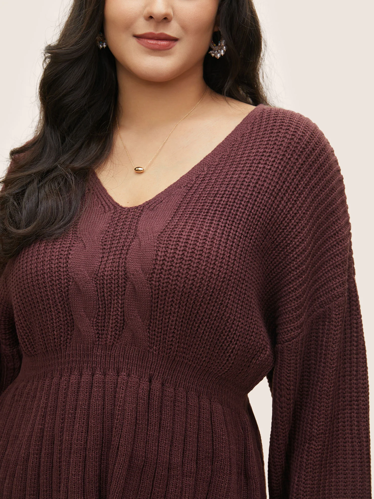 Solid Cable Knit Elastic Waist Pullover - Image 4