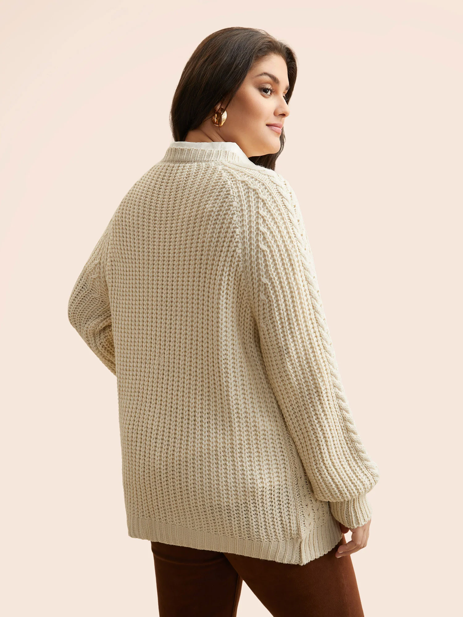 Solid Cable Knit Raglan Sleeve Pullover - Image 2
