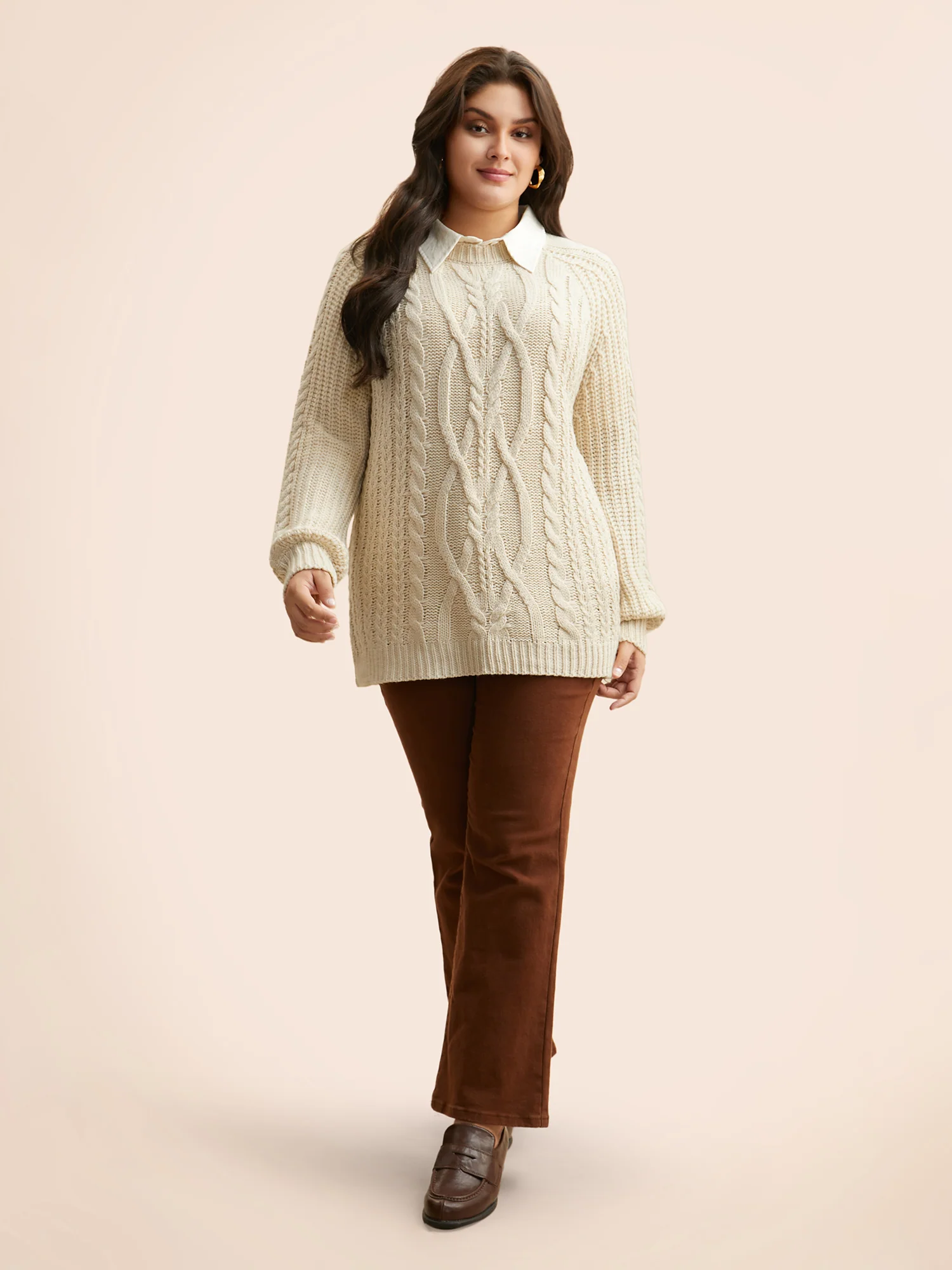 Solid Cable Knit Raglan Sleeve Pullover - Image 3