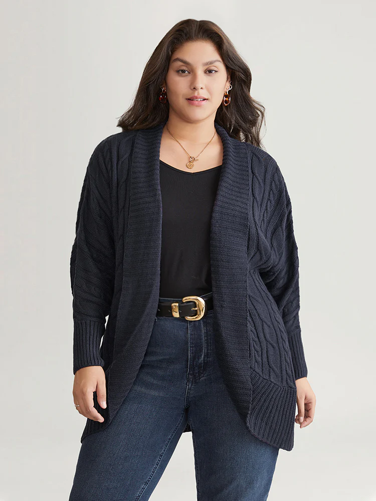 Solid Cable Knit Texture Arc Hem Dolman Sleeve Cardigan - Image 3