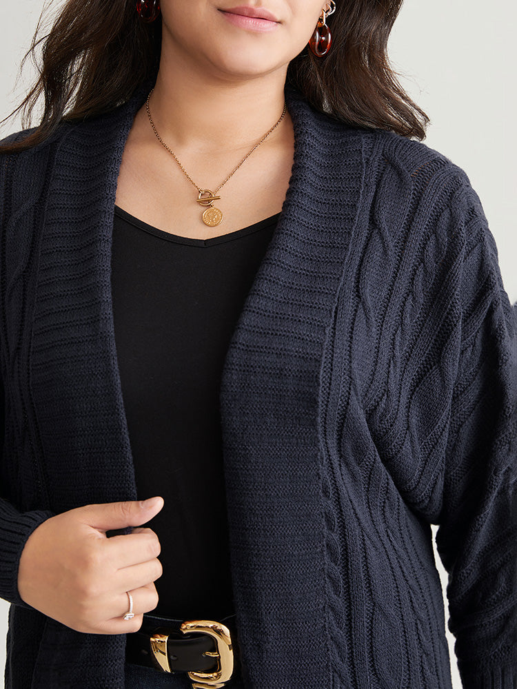 Solid Cable Knit Texture Arc Hem Dolman Sleeve Cardigan - Image 5