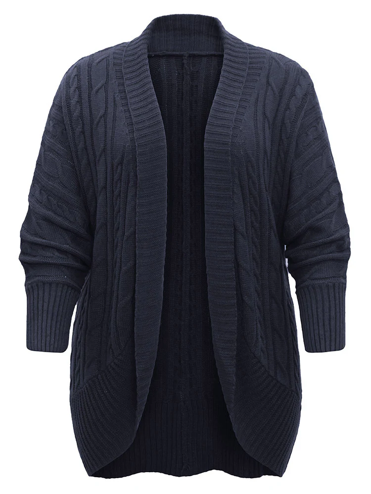 Solid Cable Knit Texture Arc Hem Dolman Sleeve Cardigan - Image 6