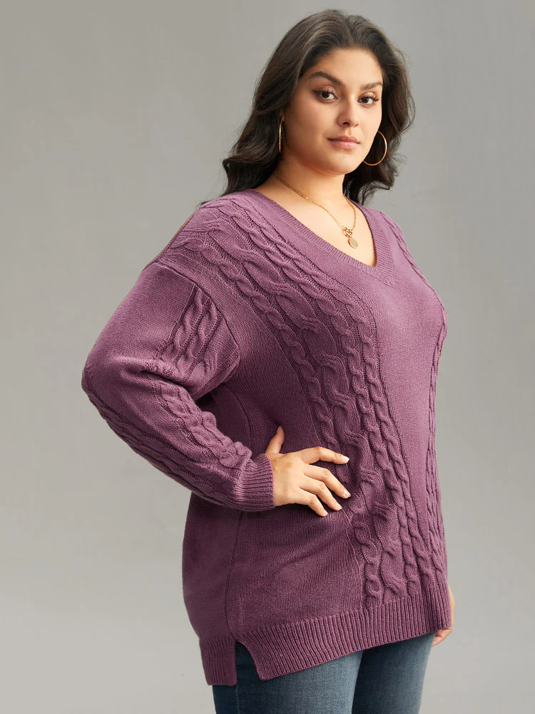 Solid Cable Knit V Neck Split Side Pullover - Image 3