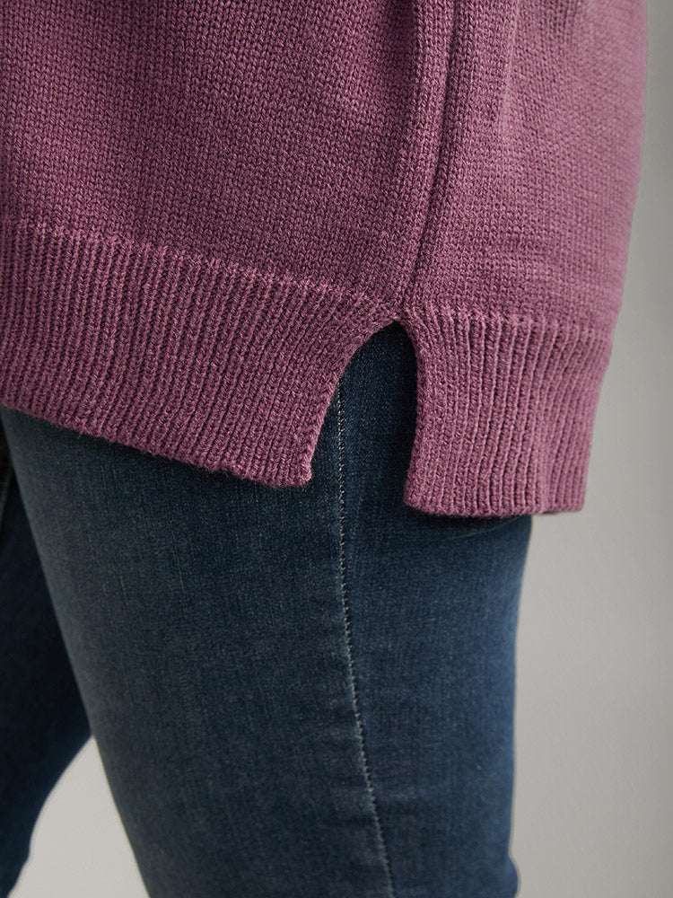 Solid Cable Knit V Neck Split Side Pullover - Image 6