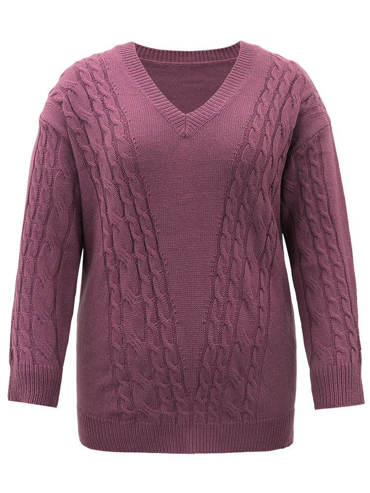 Solid Cable Knit V Neck Split Side Pullover - Image 7