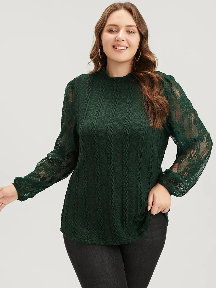 Solid Contrast Lace Cable Knit Long Tee - Image 2