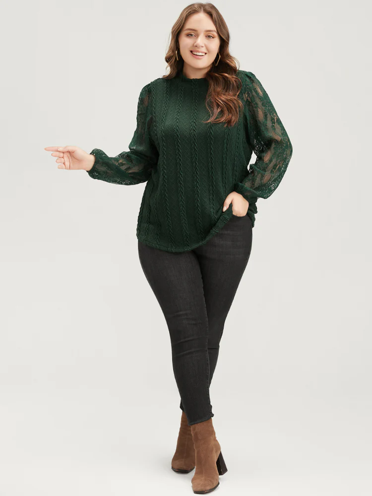 Solid Contrast Lace Cable Knit Long Tee - Image 3